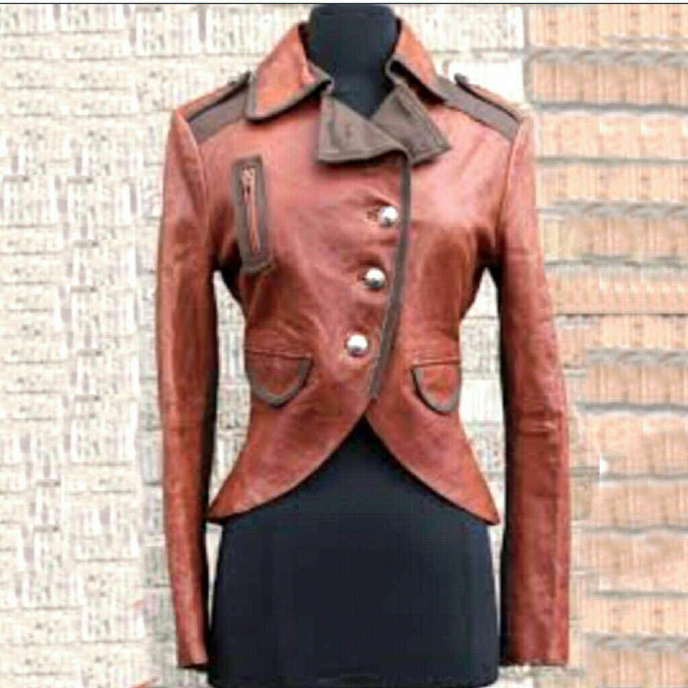 My Tribe Rust Leather Moto/Military Jacket